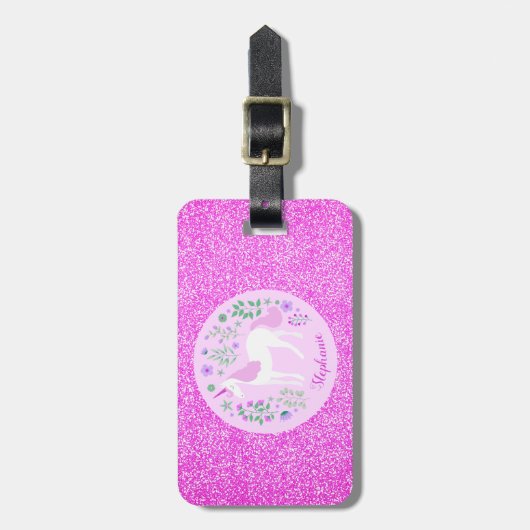 ユニコーンピンクグリッターパーソナライズされた名 ラゲッジタグ (正面縦)