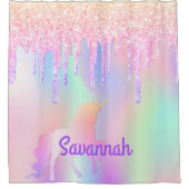 ユニコーンピンクグリッターレインボーバラ金ゴールドモノグラム シャワーカーテン (正面)