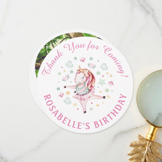 ユニコーンピンクバレリーナ誕生日パーティーありがとう サンキューカード (正面/裏面インサイチュ)