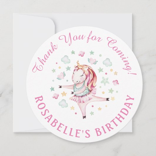 ユニコーンピンクバレリーナ誕生日パーティーありがとう サンキューカード (正面)