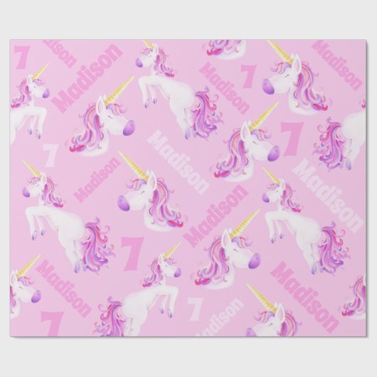 ユニコーンピンクパープパーソナライズされたルの名前と7歳 ラッピングペーパー (フラット)