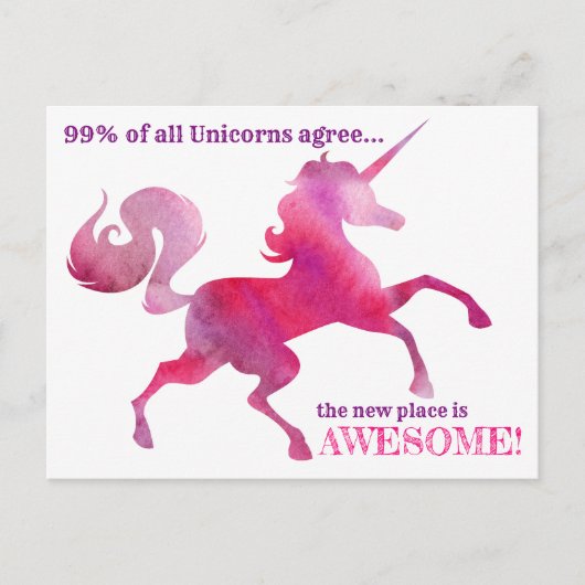 ユニコーンピンクパープルウォーターカラー新しいアドレスカード 案内ポストカード (正面)