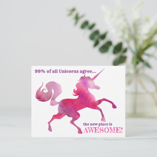 ユニコーンピンクパープルウォーターカラー新しいアドレスカード 案内ポストカード (スタンド正面)