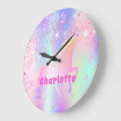 ユニコーンピンクパープルグリッター名ガール ラージ壁時計 (傾斜)