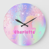 ユニコーンピンクパープルグリッター名ガール ラージ壁時計 (正面)