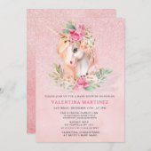 ユニコーンピンクフローラグリッターベビーシャワー 招待状 (正面/裏面)