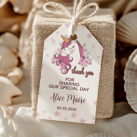 ユニコーンピンクフローラパーティーサンキューメッセージカード ギフトタグ
