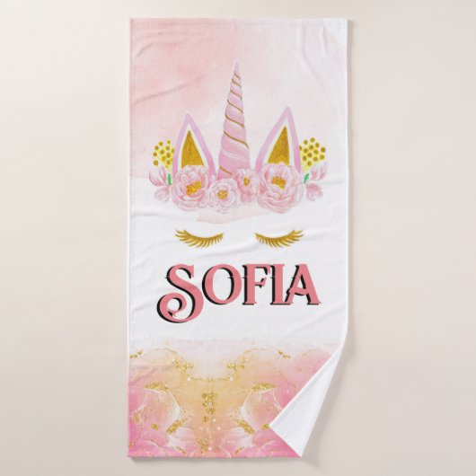 ユニコーンピンクフローラ金ゴールドパーソナライズされたグリッター バスタオル (バスタオル)