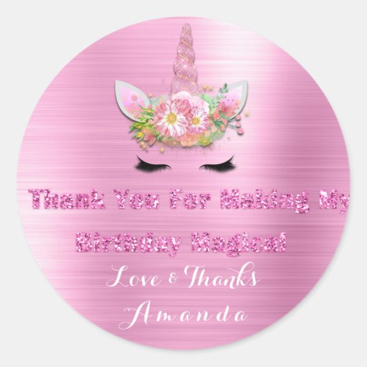 ユニコーンピンクローズパーティー好意ラベルありがとう名前 ラウンドシール (正面)
