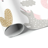 ユニコーンピンク灰色の魔法のかわいいボホガーリーパターン ラッピングペーパー (ロールコーナー)