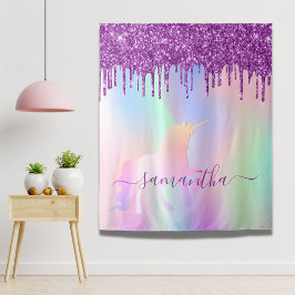 ユニコーンピンク紫のグリッタードリップス名の女の子 タペストリー