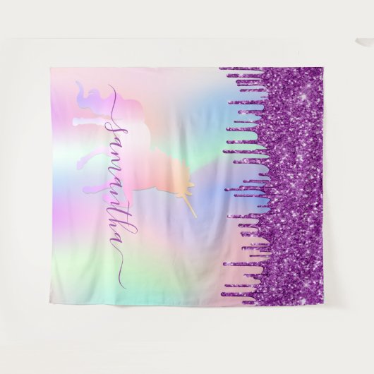 ユニコーンピンク紫のグリッタードリップス名の女の子 タペストリー (正面(横))