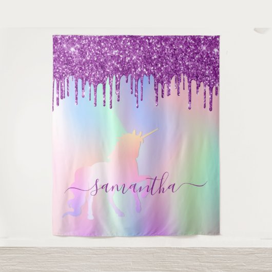 ユニコーンピンク紫のグリッタードリップス名の女の子 タペストリー (正面)