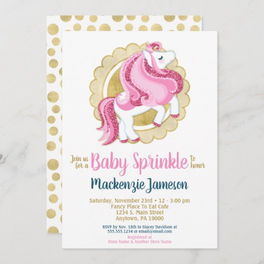 ユニコーンピンク金ゴールドガールズベビー振りかける招待状 招待状 (正面/裏面)