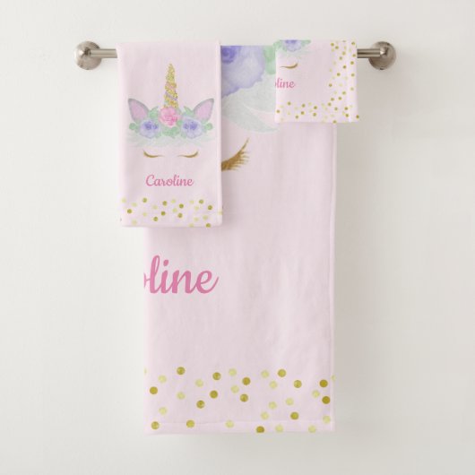 ユニコーンピンク金ゴールドグリッターガールズネーム バスタオルセット (インサイチュ)