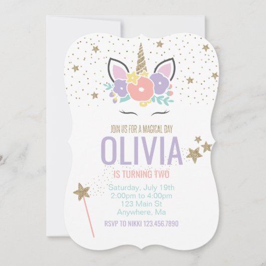 ユニコーンピンク金ゴールドグリッター誕生日の招待状 招待状 (正面)
