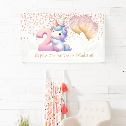 ユニコーンピンク金ゴールドバルーン2nd女の子誕生日 横断幕 (インサイチュ)