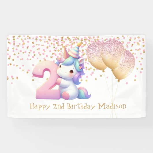 ユニコーンピンク金ゴールドバルーン2nd女の子誕生日 横断幕 (横)