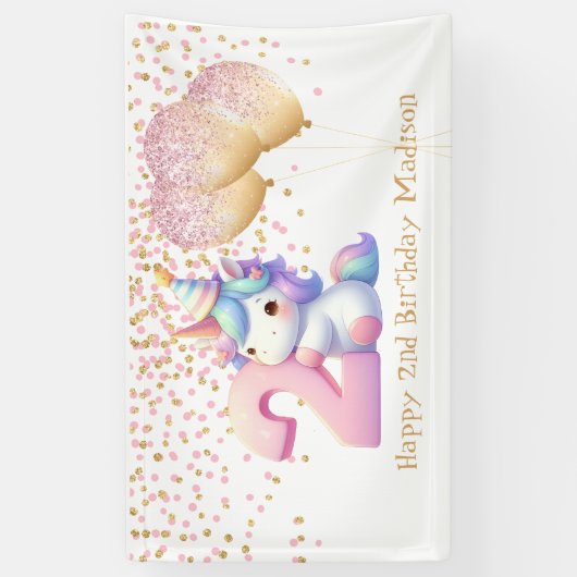 ユニコーンピンク金ゴールドバルーン2nd女の子誕生日 横断幕 (縦)