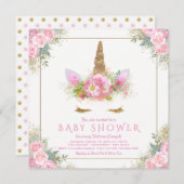 ユニコーンピンク金ゴールドベビーシャワー招待状 招待状 (正面/裏面)