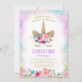 ユニコーンピンク金ゴールド美しいフローラ誕生日パーティー 招待状 (正面)