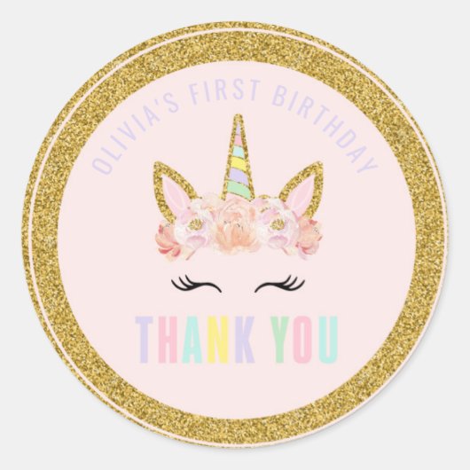 ユニコーンピンク&金ゴールドパーティーの好意ラベルシール ラウンドシール (正面)