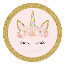 ユニコーンピンク&金ゴールドパーティーの好意ラベルシール
