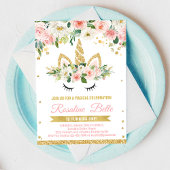 ユニコーンピンク&金ゴールドフローラルガールマジカル誕生日 招待状