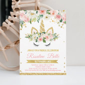 ユニコーンピンク&金ゴールドフローラルガールマジカル誕生日 招待状