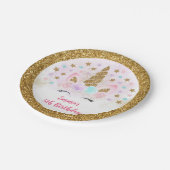 ユニコーンピンク&金ゴールドマジカル誕生日 ペーパープレート (アングル)