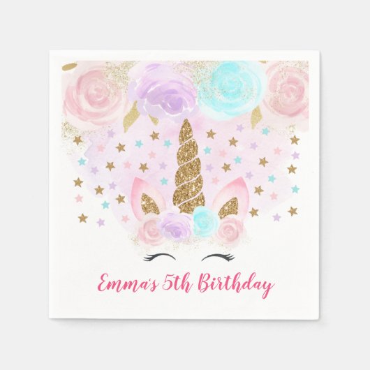 ユニコーンピンク&金ゴールド誕生日 スタンダードカクテルナプキン (正面)