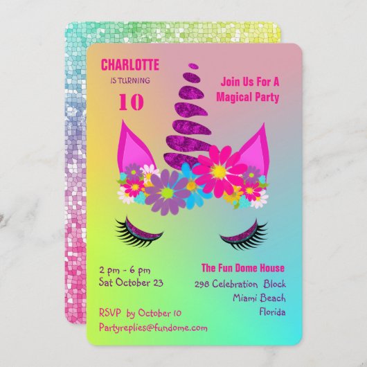 ユニコーンフすごいローリーカガーリーウト誕生日招待状 招待状 (正面/裏面)