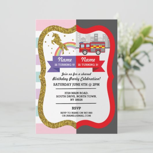 ユニコーンファイヤートラックボーイガール誕生日共有おもしろい 招待状 (スタンド正面)