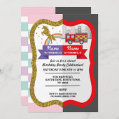 ユニコーンファイヤートラックボーイガール誕生日共有おもしろい 招待状 (正面/裏面)