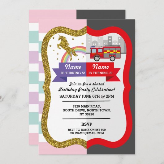 ユニコーンファイヤートラックボーイガール誕生日共有おもしろい 招待状 (正面/裏面)