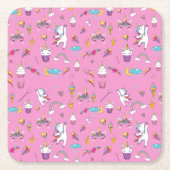 ユニコーンファンクラブパターンピンク スクエアペーパーコースター (正面)