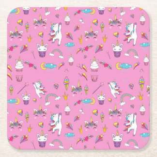 ユニコーンファンクラブパターンピンク スクエアペーパーコースター