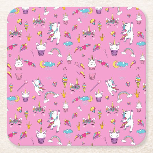 ユニコーンファンクラブパターンピンク スクエアペーパーコースター (正面)