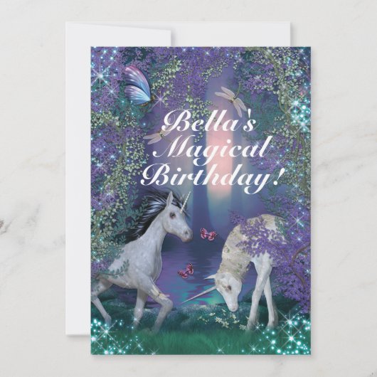 ユニコーンファンタジーウッドランド誕生日パーティー 招待状 (正面)