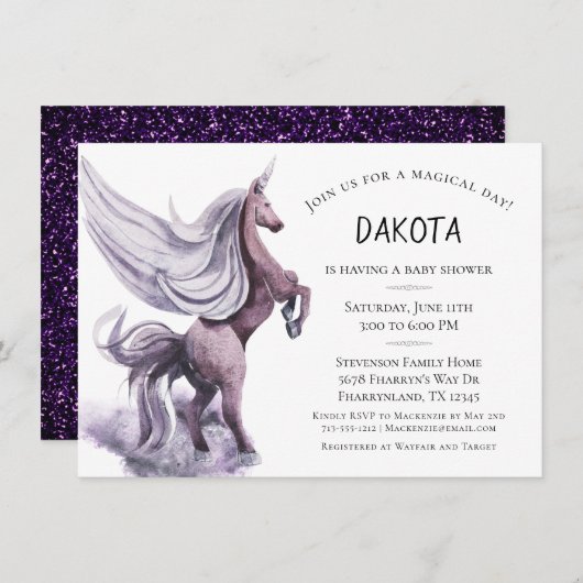 ユニコーンファンタジー |魔法の紫の水色シャワー 招待状 (正面/裏面)