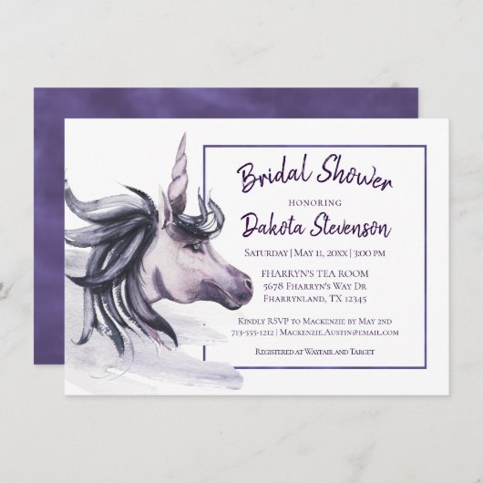 ユニコーンファンタジー |魔法の紫の水色シャワー 招待状 (正面/裏面)