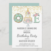 ユニコーンファースト誕生日金ゴールドアクアピンクホワイト 招待状 (正面/裏面)