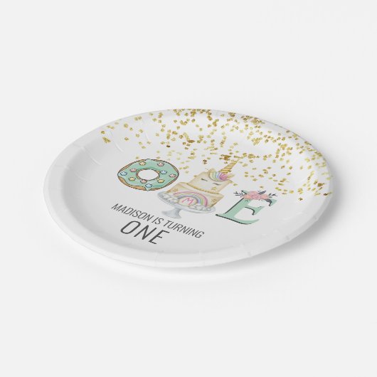 ユニコーンファースト誕生日金ゴールドアクアピンク紙プレート ペーパープレート (アングル)