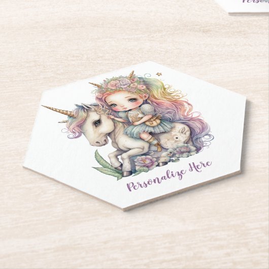 ユニコーンフェアリープリンセスレインボーカラーパーソナライズ ペーパーコースター (アングル)