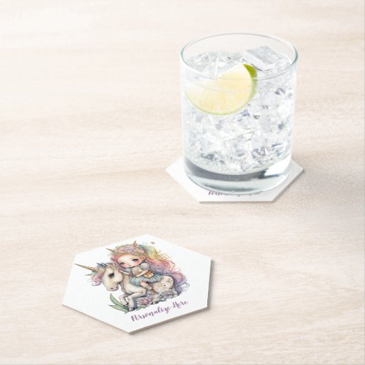 ユニコーンフェアリープリンセスレインボーカラーパーソナライズ ペーパーコースター (インサイチュ)