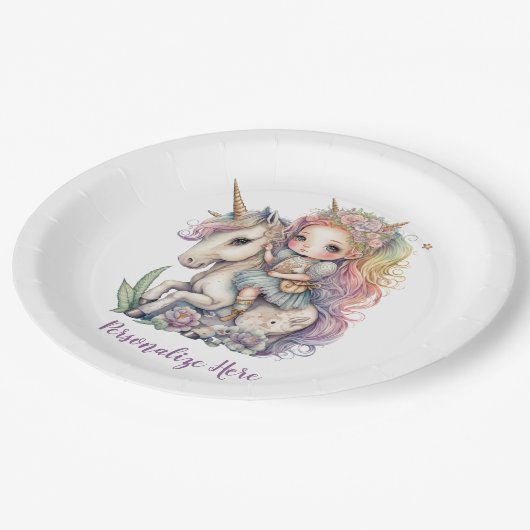 ユニコーンフェアリープリンセスレインボーカラーパーソナライズ ペーパープレート (アングル)