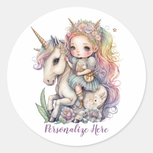 ユニコーンフェアリープリンセスレインボーカラーパーソナライズ ラウンドシール (正面)