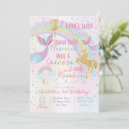 ユニコーンフェアリーマーメイド誕生日マジカル招待状 招待状 (スタンド正面)