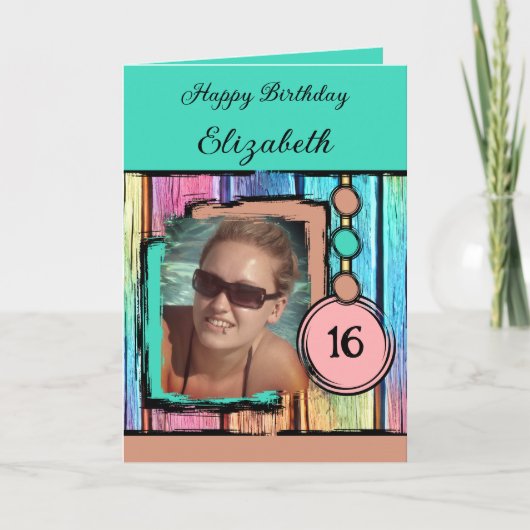 ユニコーンフェイクの色の木の写真を追加16歳の誕生日 カード (正面)