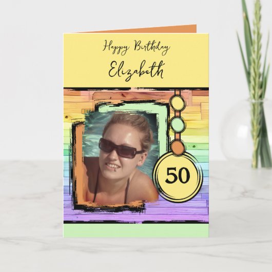 ユニコーンフェイクの色の木材を追加50歳の誕生日 カード (正面)